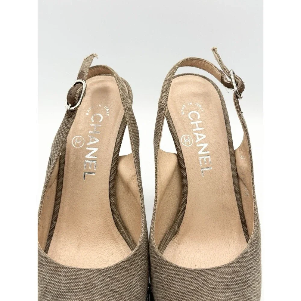 Chanel Gray Canvas Chain Peep Toe Platform Slingback Pumps Y2K Size EU 36